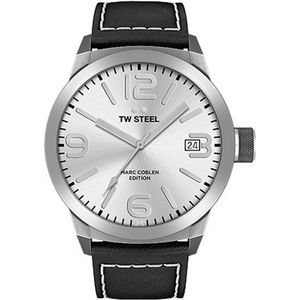 TW Steel heren horloge (45mm) - zilver met zwarte leren band - Maat: One size