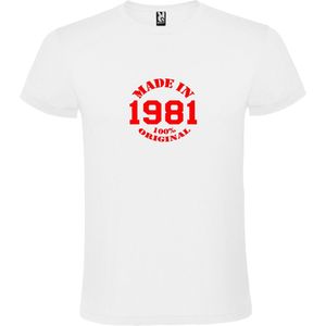Wit T-Shirt met “Made in 1981 / 100% Original “ Afbeelding Rood Size XL