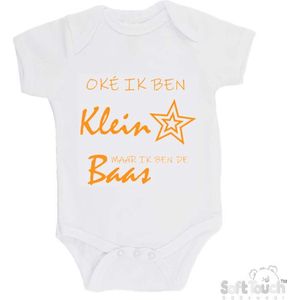 100% katoenen Romper ""Oke ik ben klein maar ik ben de baas"" Unisex Katoen Wit/mosterd Maat 68/74