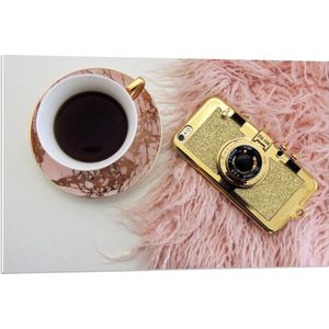 Forex - Kopje Koffie met Gouden Telefoon - 90x60cm Foto op Forex
