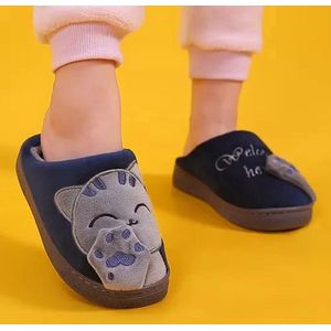 Winter Katoenen Pantoffels, Comfort Geheugen Schuim Kat Schattige Cartoon Pantoffels, Warme Pluche Zachte Anti-slip Indoor Pantoffels-Marineblauw (42/43 EU Maat)