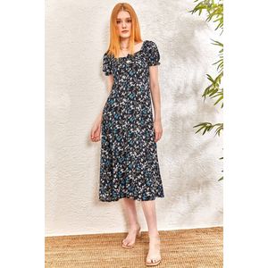 Jurk Dames- Jurk met elastische kraag en patroon- Marineblauw -M