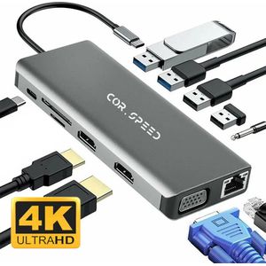 COR.SPEED 12-in-1 USB C docking station laptop – Dual HDMI - USB C dock – PREMIUM USB C hub – Space Grey