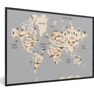 Fotolijst incl. Poster - Wereldkaart - Kinderkamer - Dinosauriërs - Jongens - Meisjes - Kinderen - 60x40 cm - Posterlijst