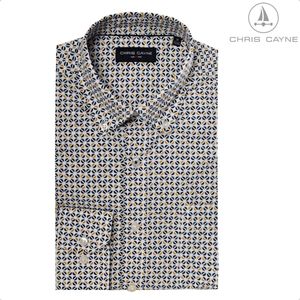 Chris Cayne overhemd lange mouw - maat M - blouse 1220 - navy/geel print - met borstzak