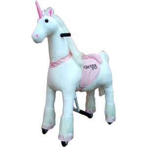 PonyRide Rijdend Speelgoed Paard - Hobbelpaard - Eenhoorn - Unicorn - 74x29x79 cm - 3-6 Jaar - Inclusief Inline Skate Wieltjes en leder zitje - Roze