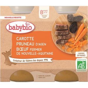 Babybio Wortel Agen Pruim Nieuw Aquitaine Boerderij Rundvlees 8 Maanden + Bio 2 x 200g Kuipjes