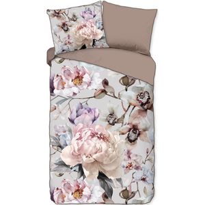 Luxe Satijnen Dekbedovertrek 140x220 cm - Bloemenprint - Grijs/Roze - 1 Persoons - 100% Katoen-Satijn