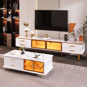 Salontafel, tv-kast, modulair woonkamermeubilair, deur van gehard glas, frame van aluminiumlegering, laden met golftextuur, gouden handgrepen en poten, tafelblad met marmeren textuur