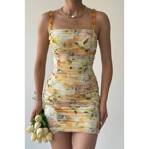 Mini jurk met chain bandjes details | bloemenprint | geel | maat S