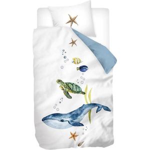 Snoozing Tavion Dekbedovertrek - Flanel - Eenpersoons - 140x200/220 cm + 1 sloop) - Wit/Blauw