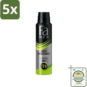5 x Fa – Deodorant Spray – Men Sport Power Boost – 150 ml - Grootverpakking - Sport Deodorant Spray - Deodorant Spray Mannen - Langdurige Bescherming Tegen Zweet - Frisse Geur Sport