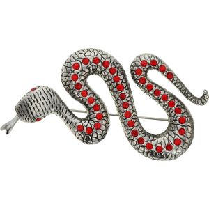 Slangen broche zilver kleur met rode steentjes