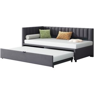 Merax L-vormige Slaapbank met Uitschuifbaar Bed – 90 tot 180x200 cm – Grijs Fluweel