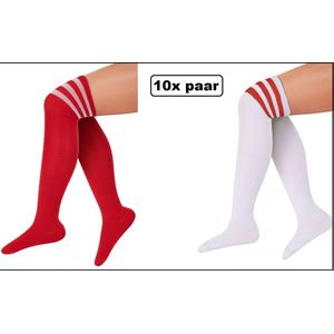 10x Paar Lange sokken rood en wit met strepen - maat 36-41 - Lieskousen - kniekousen sportsokken cheerleader carnaval voetbal hockey unisex festival