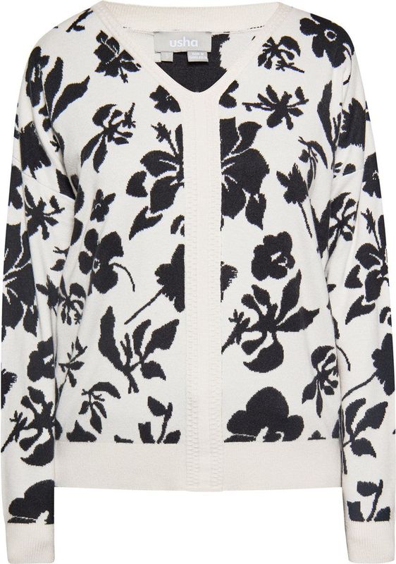 Usha - Trui - Zwart/Wit - V-hals - Bloemenprint