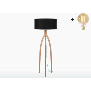 Vloerlamp – ANNAPURNA – Bamboe - Zwart Linnen - Met LED-lamp