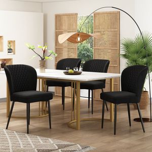 Sweiko Eetgroep, (140 x 80 x 75cm Eettafel met 4-stoelen), Moderne keuken eettafel set, Zwart fluwelen eetkamerstoelen, kussen stoel ontwerp met rugleuning, wit MDF tafelblad, gouden tafelpoten