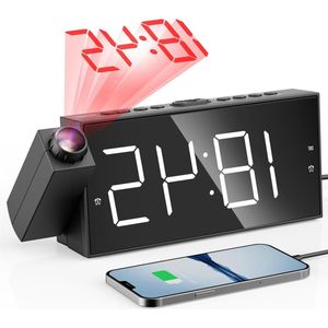 7 Inch Digitaal Display en Dimmer Dubbele Alarmen Instelbaar Alarmvolume Sluimeren 12/24 Uur Batterijback-up USB-oplader SlaapkamerPlafond en Muur Projectiewekker