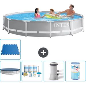 Intex Rond Prism Frame Zwembad - 366 x 76 cm - Grijs - Inclusief Afdekzeil - Onderhoudspakket - Zwembadfilterpomp - Filter - Vloertegels
