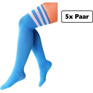 5x Paar Lange sokken turquoise met witte strepen - maat 36-41 - Lieskousen - kniekousen overknee kousen sportsokken cheerleader carnaval voetbal hockey unisex festival