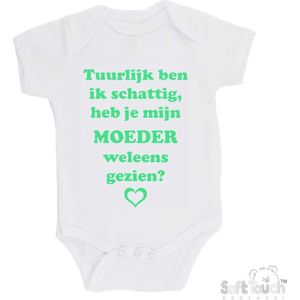 100% katoenen Romper ""Tuurlijk ben ik schattig, heb je mijn moeder weleens gezien?"" Unisex Katoen Wit/mint Maat 62/68
