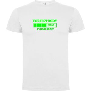 Wit T-Shirt met “Perfect body Loading... Please Wait“ Afbeelding Neon Groen Maat M