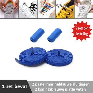 2 paar koningsblauwe platte elastische veters met pastel marineblauwe sluitingen. Je hoeft voortaan nooit meer je veters te strikken.