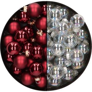 Mini kerstballen - 48x st - transparant parelmoer en donkerrood - 2,5 cm - glas