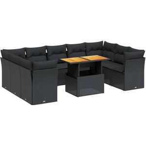 The Living Store 10-delige Loungeset met kussens poly rattan zwart - Loungebank - Tuinset - Lounge Set - Tuinmeubels - Buitendecoratie