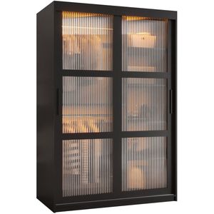 Zweefdeurkast Kledingkast met 2 schuifdeuren glanzen slaapkamerkast Kledingstang met planken Garderobekast met geribbeld glas - ARTON (120 cm, Zwart) met lades