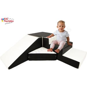 Zachte Soft Play Foam Blokken 4-delige set glijbaan met trap Zwart-Wit | grote speelblokken | motoriek baby speelgoed | foamblokken | reuze bouwblokken | Soft play peuter speelgoed | schuimblokken
