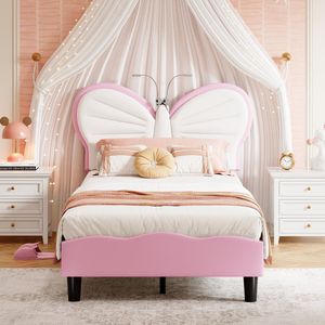 Elegant eenpersoonsbed 90 x 200 cm, schattig vlinderhoofdeinde met 2 leeslampjes, prinsessenbed met modern design, comfortabele fluwelen stof, zonder matras