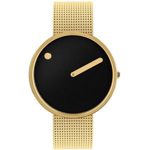 Picto Design Horloge Zwarte Wijzerplaat, Goud Stalen Mesh Horlogeband 43387-0920G - Uniseks - 40mm