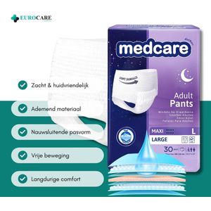 30 Stuks – Medcare Incontinentiebroekjes Maxi+ – Maat L – 2250+ ml absorptie – Wegwerppants voor matige tot zware incontinentie – Comfortabel & huidvriendelijk – Dag & nacht bescherming