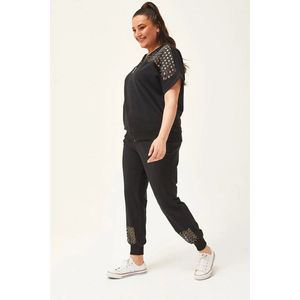 Dames Large Zwart Trainingspak met Transparante Snede en Steendruk - L Fitnesspak Tracksuit