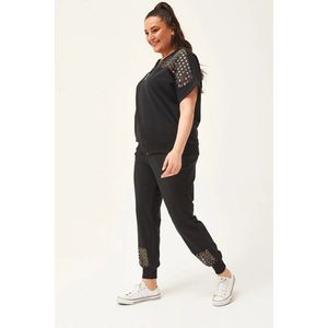 Dames XL Zwart Trainingspak met Transparante Snede en Steendruk - XL Fitnesspak Tracksuit