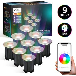 Bolt Electronics ® Grondspots – LED Spots – Buitenlamp – Tuinspots – Tuinverlichting Lamp – Tuinlamp – Waterdicht – Dimbaar – Bluetooth – RVS – 5.5 Watt – 230V – Besturing via app – 9 stuks