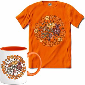 Flower Power - Grow Positive Thoughts - Vintage Aesthetic - T-Shirt met mok - Heren - Oranje - Maat 3XL