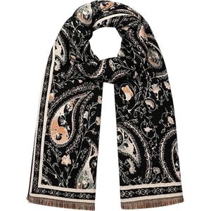 Luxe zachte lange dames sjaal Shawl Zwart met beige en Paisley print - 100 % viscose - Moederdag cadeau - kerst kado tip - gift - present