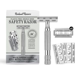 Verstelbaar Dubbel Rand Veiligheidsscheermes in Wit Chroom met 5 Roestvrijstalen Scheermesjes