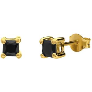 Lucardi - Kinder Zilveren goldplated oorbellen met zwarte zirkonia - Oorbellen - 925 Zilver - Goudkleurig