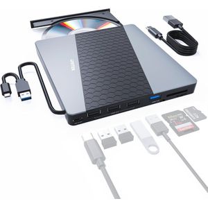 Draagbare CD/DVD Speler met Kaartlezer en USB Hub - Externe Optische Drive voor Windows, Linux en Mac
