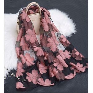 Luxe Organza Scarf - Lente Zomer Chiffon Sjaal Licht Roze Zwart - Shawl - dames - omslagdoek Strand Bloemen Jacquard