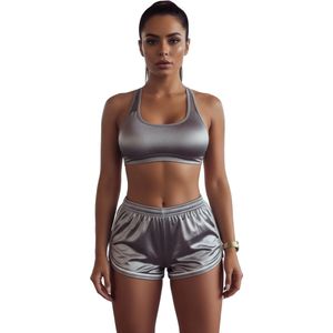 Dames Hotpants – Sexy Korte Short – Hoog Taille – Glanzend Zilvergrijs - Maat L/XL