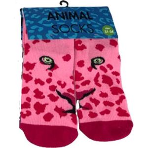 Dieren kindersokken - Panter Roze - Maat 31-34 - Multicolor - 1 paar