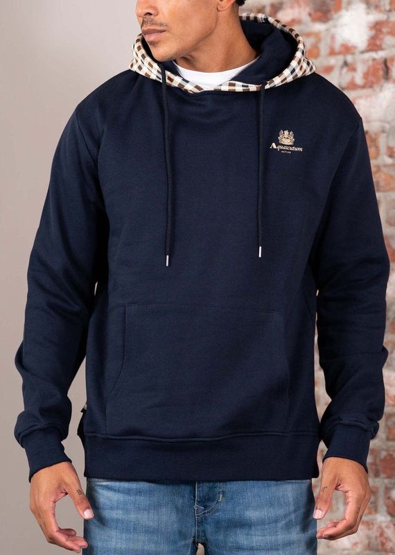Aquascutum - Active Club Check - Hoodie - Navy - 100% Katoen Brushed Fleece