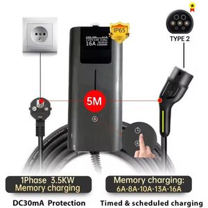 MoTronics by Junsun SYCDQ1165AG Laadkabel Type 2 – Mobiele Thuislader Elektrische Auto – 16A – 3.5kW – 5M – Instelbare Laadstroom en Laadtijd – Uitgesteld Laden – Schuko Stekker – IP65 Waterdicht – LCD Display – Inclusief Gratis Opbergtas