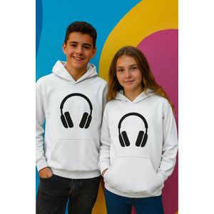 Kinder Hoodie “Headphone” – Witte Hoodie met zwarte Print – Muziekdesign voor Kids 3-4 Jaar – Unisex & Comfortabel