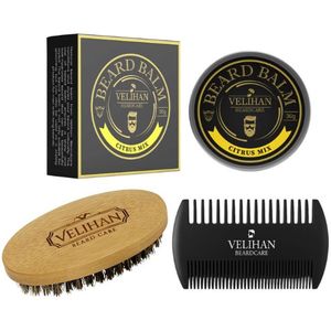 Velihan Beardcare - Baardverzorging Trio Pack - Baardbalsem Citrus Mix, Baardborstel en Baardkam - Baardverzorging set - Cadeau voor hem - Baardverzorging - Baard olie - Cadeau voor vriend - Baardgroei - Perfecte cadeau voor man